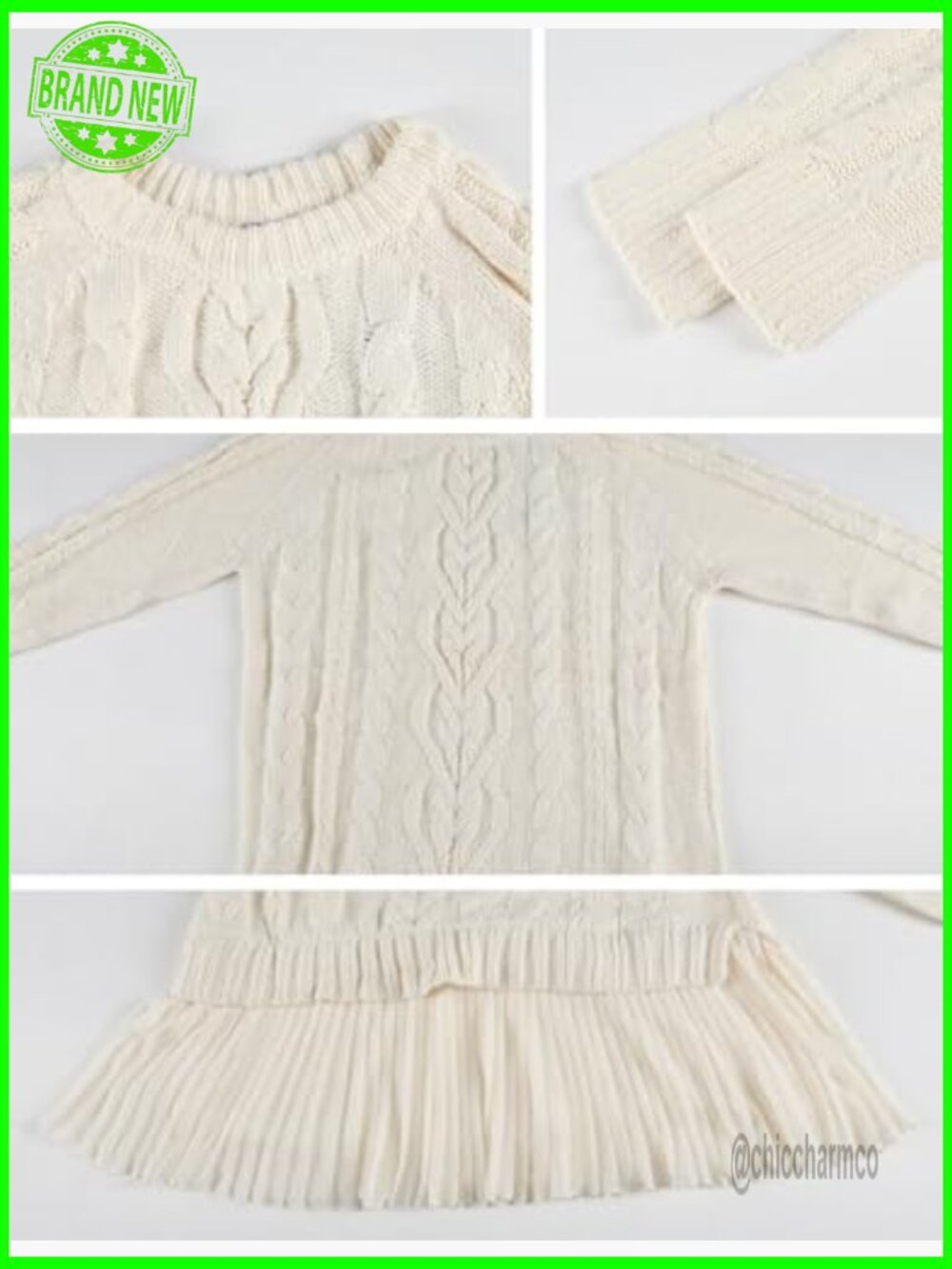 Women Cable Knit Sweater Dress Crewneck Long Sleeve Pleated Mini Twofer Style - Picture 5 of 7